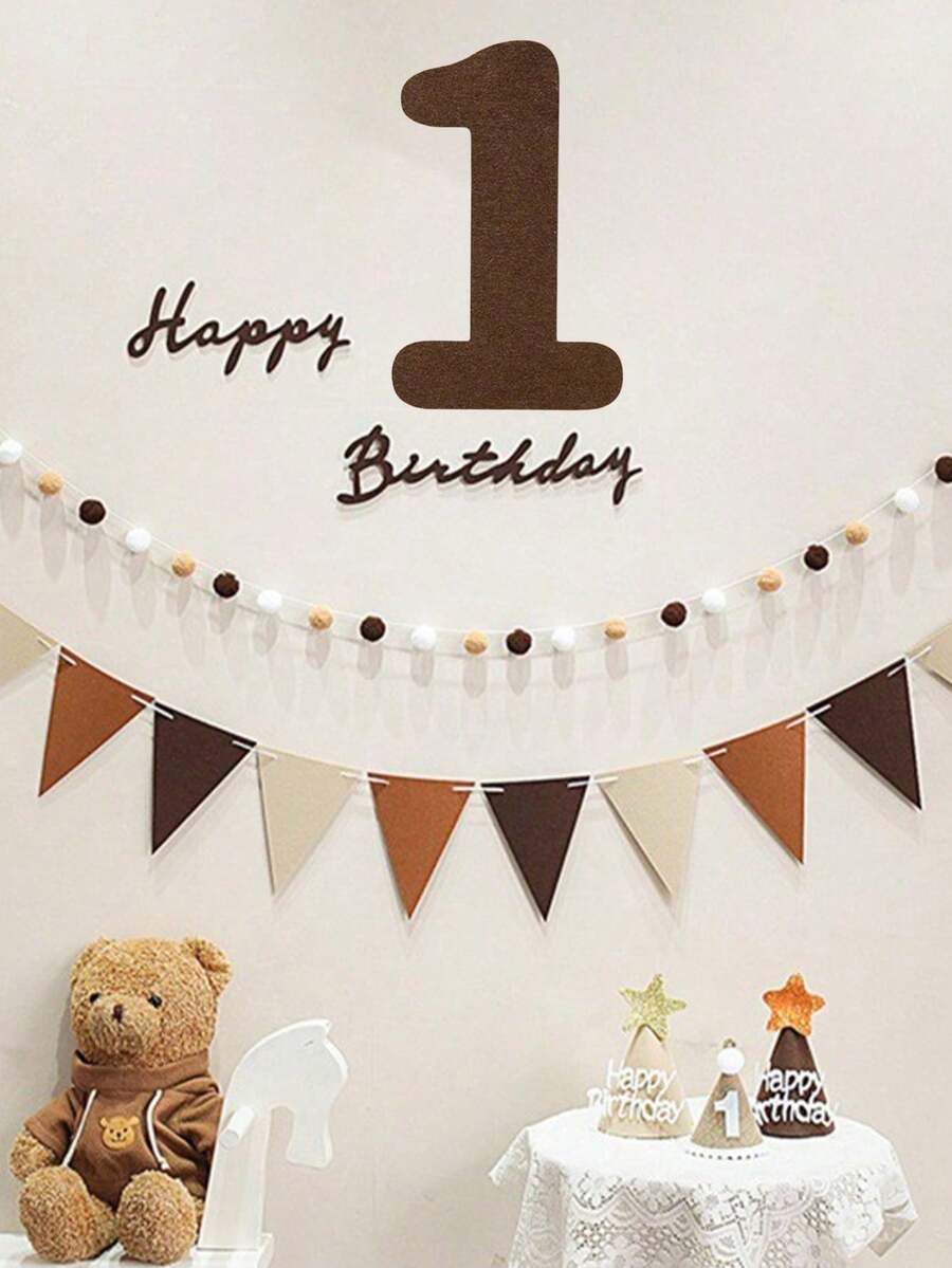 1件套毛毡生日装饰品，包含一个毛毡三角旗和0到9的毛毡数字，适合婴儿主题派对、婴儿生日派对和迎婴派对。 - 彩色 - 查看 1
