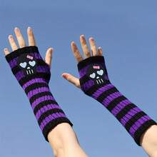 A Pair Of Fashionable Versatile Striped Knitted Arm Sleeves With Skull Embroidery Decoration - 黑色 紫色 - 查看 2