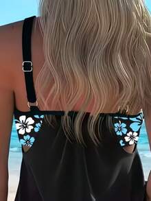 女士泳装两件套，全包覆式可调节肩带，肩部和背部镂空设计，印花泳裤，优雅性感，夏威夷度假风，夏季海滩休闲度假黑色 - 黑色 - 查看 4