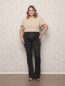 ONLYONE - PLUS SIZE WOMEN'S BLOUSE, SHORT SLEEVE PRINCESS, PLEATES ON THE NECKLINE, LIGHT DUNES - ELEGANT WOMEN'S BLOUSES, LARGE - 淺米色 - 查看 2
