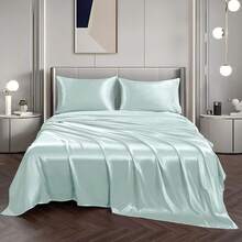 Silky Soft Pink Twin XL Satin Bed Sheets Set, 1 Deep Pocket Fitted Sheet + 1 Flat Sheet + 1 Pillowcase,  In 2025 - 冰藍色 - 查看 4