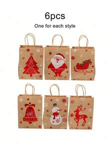 24个/6个圣诞礼品袋，圣诞老人、圣诞树印花牛皮纸袋，礼品包装袋，派对装饰手提袋，圣诞装饰品，圣诞派对用品，礼品袋，手提袋，包装袋。印有圣诞老人、圣诞树、雪人、驯鹿、圣诞铃铛、圣诞雪橇等图案。适用于礼品包装、购物包装。圣诞节。 - 彩色 - 查看 9