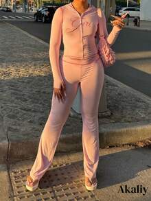 Akaily Fall Street Lounge Sets For Women Graphic Print Zip Up Hoodie Pants Outfits Workout Long Sleeve Rave Two Pieces Set Women - 粉色 - 查看 6
