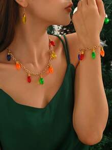 3pcs/Set Christmas Celebration Necklace, Bracelet, Earrings Jewelry Set For Women, Fashion Bohemian Elegant Colorful Bulb Pendant Tassel Choker Necklace, Casual Daily & Holiday Gift Perfect Accessory