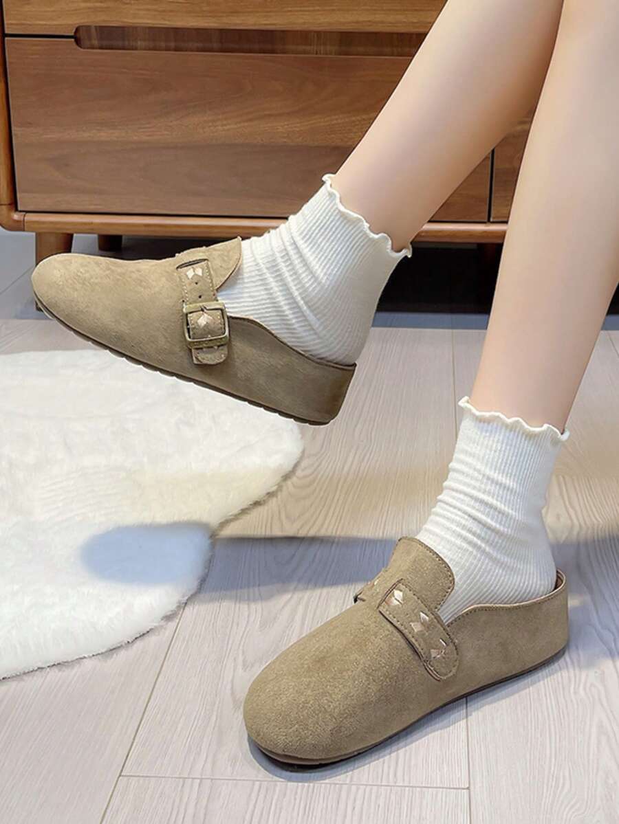 2025 Nuevas zapatillas de suela gruesa para otoño para mujeres, mulas de punta cerrada versátiles y de moda, sandalias deslizantes casuales para el hogar y la playa - Caqui - Ver 1