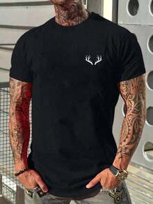 ZIVRE Men's Casual Commuter T-Shirt With Deer Head Pattern, Crew Neck - 黑色的 - 查看 6