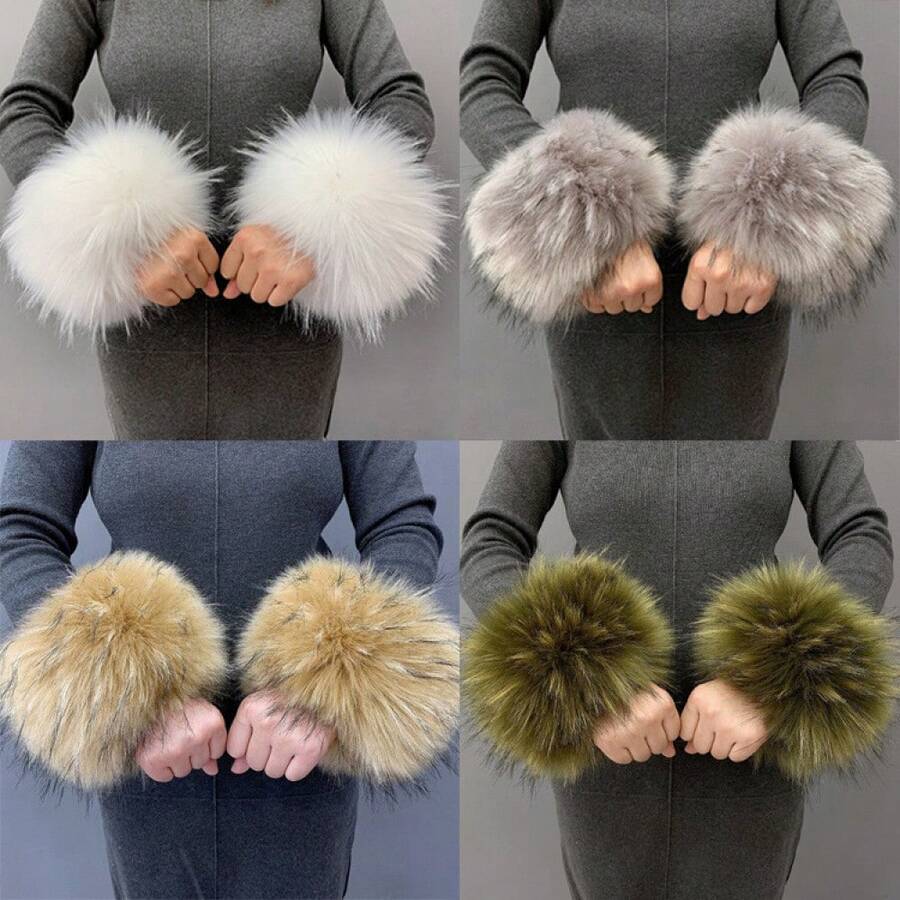 1 Pair Faux Fur Pom Pom Hand Wrist Wrap Sleevelet Rabbit Fur Imitation Bracelet Cuff - 卡其提花 - 查看 1