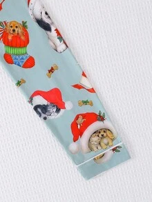 3 件套女孩和青少年休闲卡通圣诞小狗印花翻领长袖开衫和短裤和长裤睡衣套装，阻燃，适合所有季节和圣诞节 - 綠色 - 查看 5