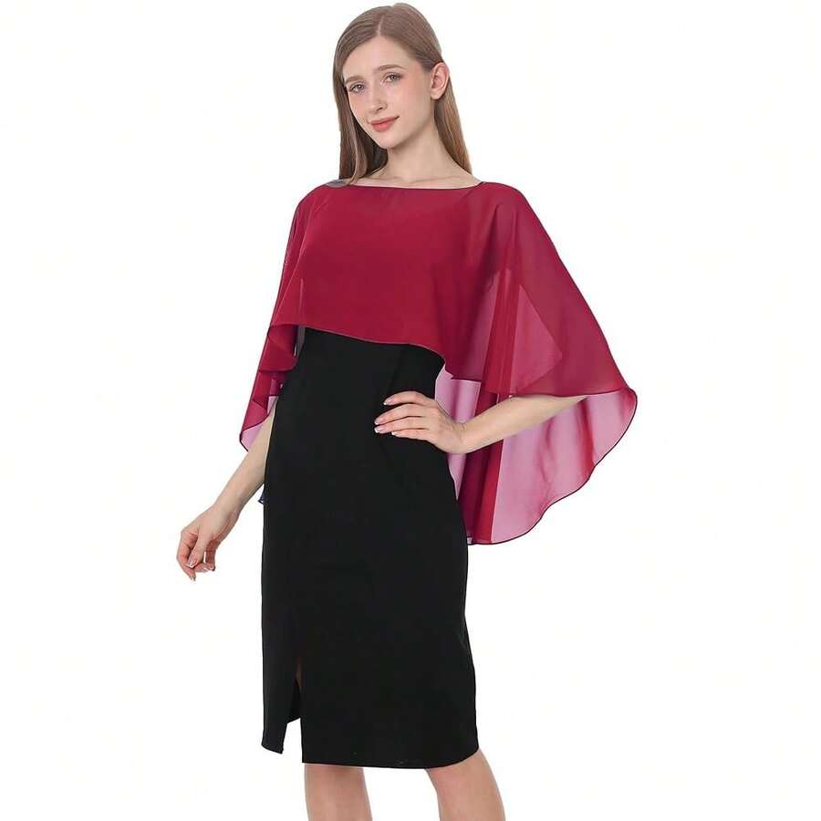 Baoqiya Women's Capelet Shawls And Wraps For Evening Dresses Soft Bridesmaid Shawl Chiffon Cape Wedding Cover Up{"Color_name":"WineRed"} - 酒紅色 - 查看 1