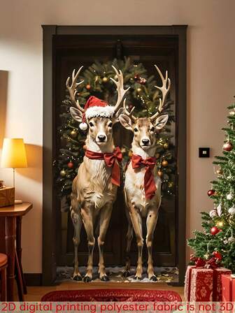 1 Pc Christmas Reindeer Door Banner, Polyester Holiday Door Cover With Festive Red Bow & Santa Hat Design, Versatile Hanging Decoration For Entryway, Room & General Use, Electricity-Free & Reusable, Ideal For Christmas Party, Seasonal Decor, Large Holiday Supplies & Party Gathering Essentials Christmas Decorations Home Christmas Gifts Christmas Decor