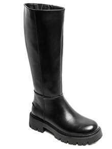 Modern Style Smooth Leather Over-The-Knee Boots With Grooved Sole And Zipper Fastener - Black - View 2