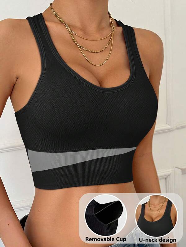 Women's Removable Padded Seamless Sports Bra For Fall High Support Racer Back Sports Push Up Bra Contrast Color Panel Bras For Women Without Underwire Beautiful Back Yoga Bras