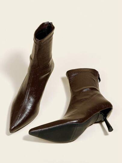 Fall/Winter Women's Chocolate Brown Ankle Boots, 7cm High Heel, Elastic Slim Fit, Comfortable And Fashionable Pointed Toe Boots, Burgundy Heels