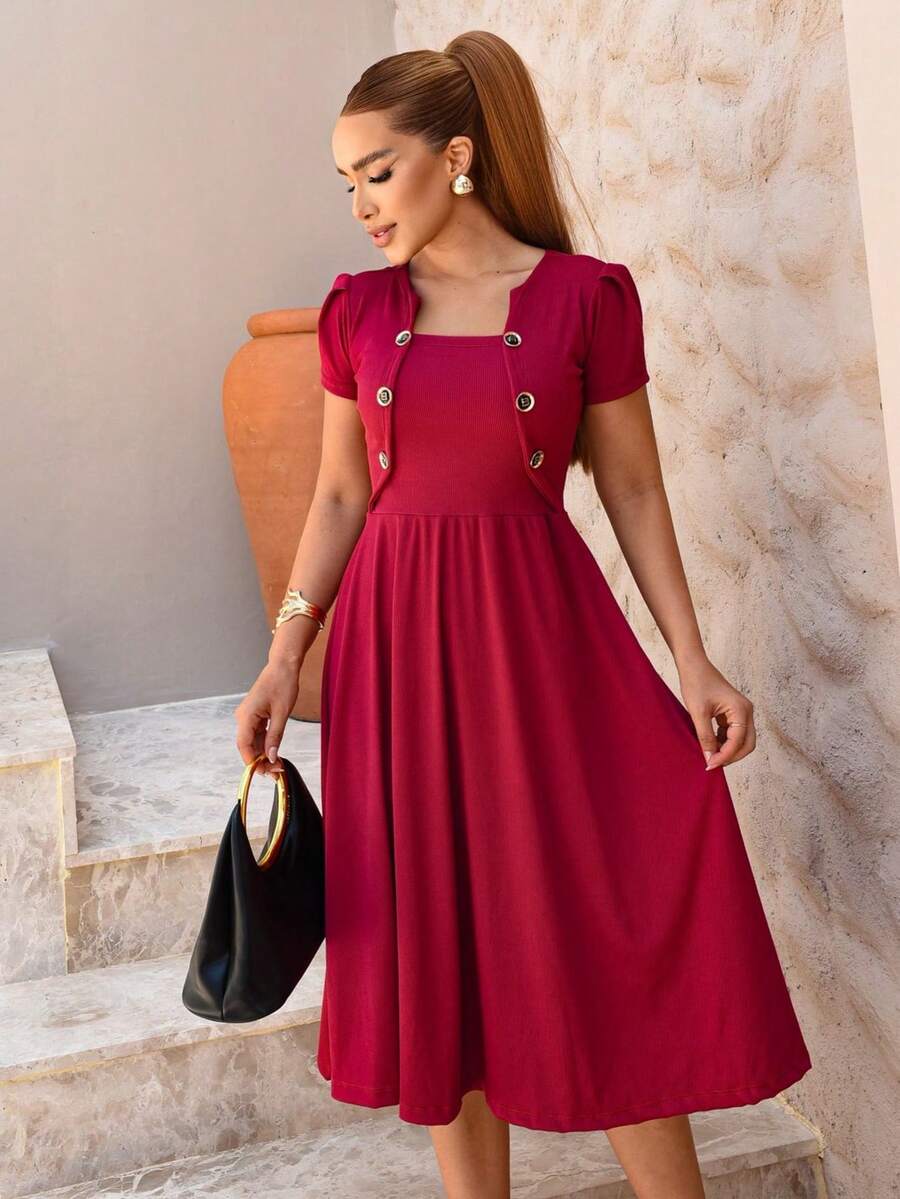 Ribbed Evangelical Midi Dress With Buttons Elegant Feminine For Party, Work And Worship Simple Mesh Buttons In The Front Tie Hem With Ruffle Midi Dress Godê Evangelical Fashion Dating Holidays All - Gỗ đỏ - Xem 1