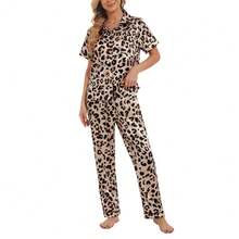 YIJIU Womens Silk Satin Pajamas Set Short Sleeve Sleepwear Soft Button Down Loungewear Two-Piece Pjs Sets XS-XXL{"Special_size_type":"Long","Size_name":"XX-Large","Color_name":"Leopard"} - 多色8 - 查看 1