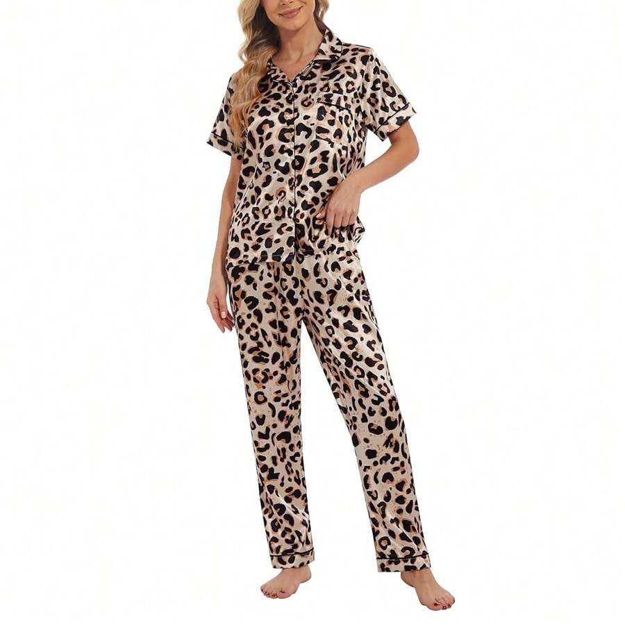 YIJIU Womens Silk Satin Pajamas Set Short Sleeve Sleepwear Soft Button Down Loungewear Two-Piece Pjs Sets XS-XXL{"Special_size_type":"Long","Size_name":"XX-Large","Color_name":"Leopard"} - 多色8 - 查看 1