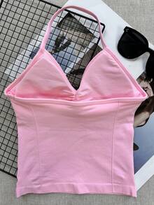 女士瑜伽运动文胸无袖露脐运动上衣，弹力健身运动背心，透气 - 粉色 - 查看 4