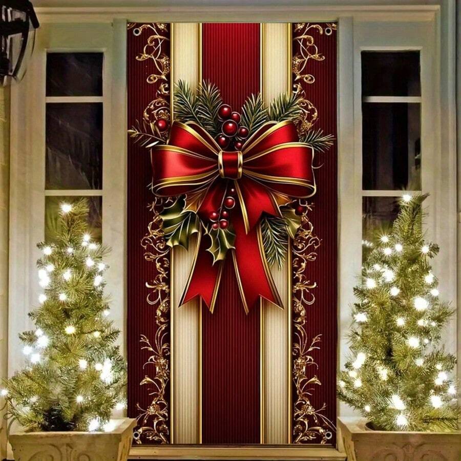 1pc Holiday Christmas Banner - Polyester Holiday Party Decor, Feather-Free, Reusable Door Backdrop Banner, No Electricity Needed, Suitable For Seasonal Home Decor