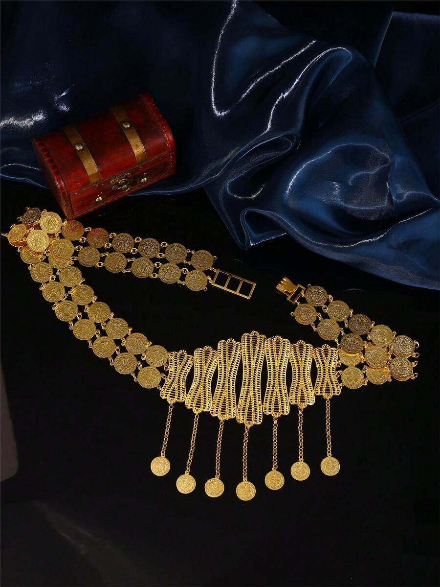 1pc Vintage Luxury Women's Robe Belt, 22K Gold Tone, Turkish Coin Pendant, Handcrafted, Adjustable Length, Middle Eastern Style Robe Belt, Jewelry For Wedding, Party, Holiday - MYL0035 - View 1