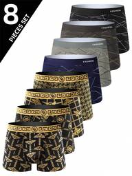 Paquete de 8 calzoncillos tipo bóxer de lujo con estampado negro y dorado para hombres, serie con estampado de líneas, ropa interior transpirable y cómoda, shorts deportivos elásticos, ropa interior casual y duradera para uso diario