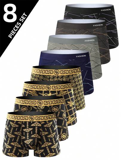 Paquete de 8 calzoncillos tipo bóxer de lujo con estampado negro y dorado para hombres, serie con estampado de líneas, ropa interior transpirable y cómoda, shorts deportivos elásticos, ropa interior casual y duradera para uso diario