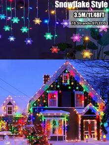 Solar Snowflake Icicle String Lights, 97/160 LED 16/27 Strands Christmas Lights For Indoor/Outdoor, IP65 Waterproof With 8 Modes Eave Lights, Suitable For Christmas, House, Garden, Trees, Yard, Stairs, Roof,Festival ,Party Decorations (Warm White/Multicolor/White)