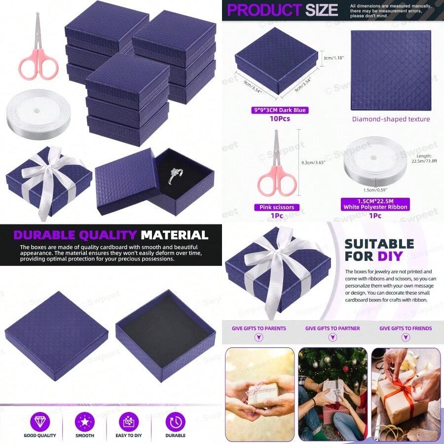 Swpeet 12Pcs Deep Blue 3.5 X 3.5 X 1.2Inch Diamond Pattern Cardboard Jewelry Gift Boxes With Scissors And Polyester Ribbon Assortment Kit Necklace Earring Bracelet Boxes Gift Case For Jewelry Storage