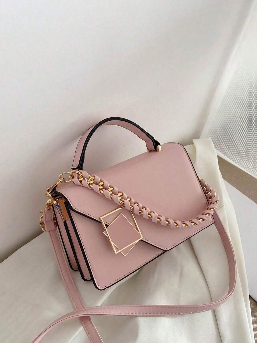 Mini Woven Chain Decorated Flap With Lock Portable Handbag For Women, Shoulder Bag Or Crossbody Bag, Suitable For Work, Shopping, Traveling.