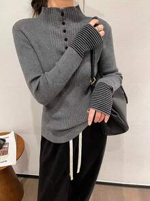 女式灰色高领长袖针织毛衣，修身版型，可叠穿或作为外套，秋冬 - 灰色 - 查看 3
