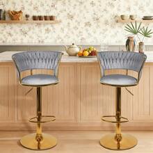 2er-Set Küchenhocker mit Samtbezug, geflochtener Rückenlehne und verstellbarer Höhe, Barhocker, Restaurant, drehbare Struktur in Gold mit Fußstütze, modernes Design