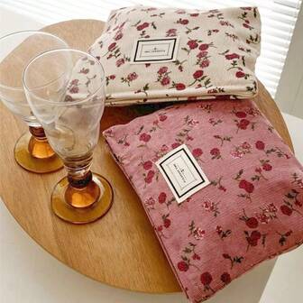 Corduroy Rose Vintage Cosmetic Bag, Portable Makeup Pouch, Coin Purse, Toiletry Organizer Bag For Women