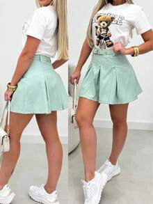 Saia Shorts Feminino Valéria Modelo Plissado Curto Acompanha Cinto