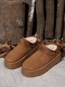 波西米亚风保暖内衬毛绒拖鞋，蓬松雪地靴，厚底一脚蹬保暖室内/室外靴，毛皮靴 - 棕色 - 查看 3