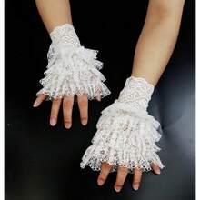 L'VOW 2Pcs Gothic Black Lace Feather Long Gloves For Women Halloween Witch Costume Swan Wristband Cuff{"Color_name":"X01-White"} - X01-白色 - 查看 4