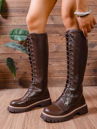 2025 Christmas Women's Latest Side Zipper Skinny Leg Boots, Brown Over-The-Knee High Boots With Lace-Up, Side Zipper Boots, Motorcycle Boots, Retro Thick Sole Anti- Warm Lining Mid-Calf Boots, British Style Fashion Boots, Riding Boots, Plus Size