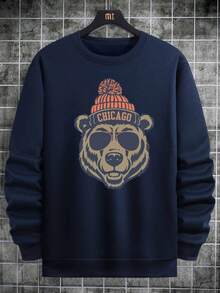 男士休闲宽松圆领卫衣，饰有熊头图案印花，芝加哥风格设计，长袖上衣 - 藏蓝色 - 查看 5