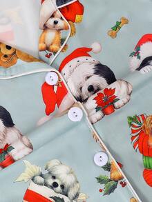 3 件套女孩和青少年休闲卡通圣诞小狗印花翻领长袖开衫和短裤和长裤睡衣套装，阻燃，适合所有季节和圣诞节 - 綠色 - 查看 4