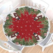 Water-Resistant Round Tablecloth With Elastic Edge For 40-44" Tables - Gift-snowman Tree - View 1