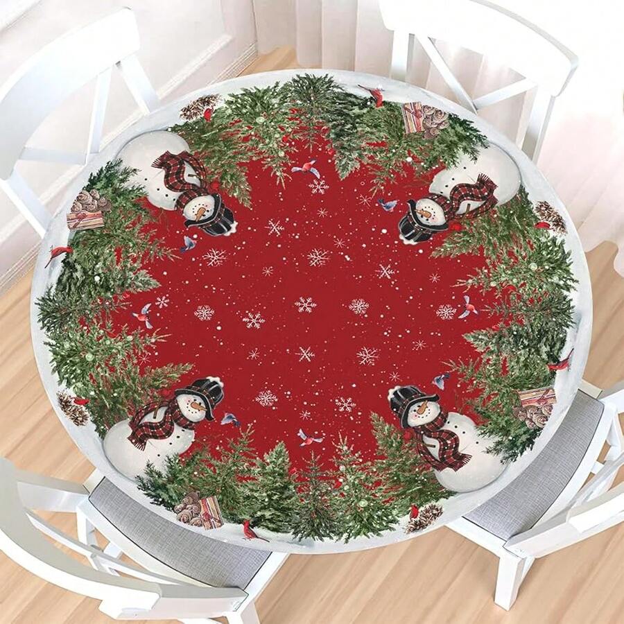 Water-Resistant Round Tablecloth With Elastic Edge For 40-44" Tables - Gift-snowman Tree - View 1