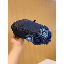 1 Pc New Niche Contrasting Three-Dimensional Flower Denim Beret Hat  And Fashionable Showing Off Face Small Fluffy Artist Hat - 牛仔白花朵牛仔貝雷帽 - 查看 3