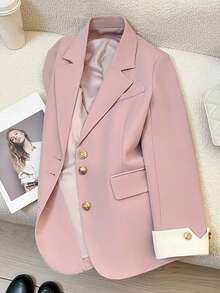 HOMEYEE Áo khoác blazer kiểu dáng cổ điển, tay dài, phối màu độc đáo, cài nút, phù hợp cho trang phục thường ngày, công sở, văn phòng, màu hồng xuân. - Hồng - Xem 8