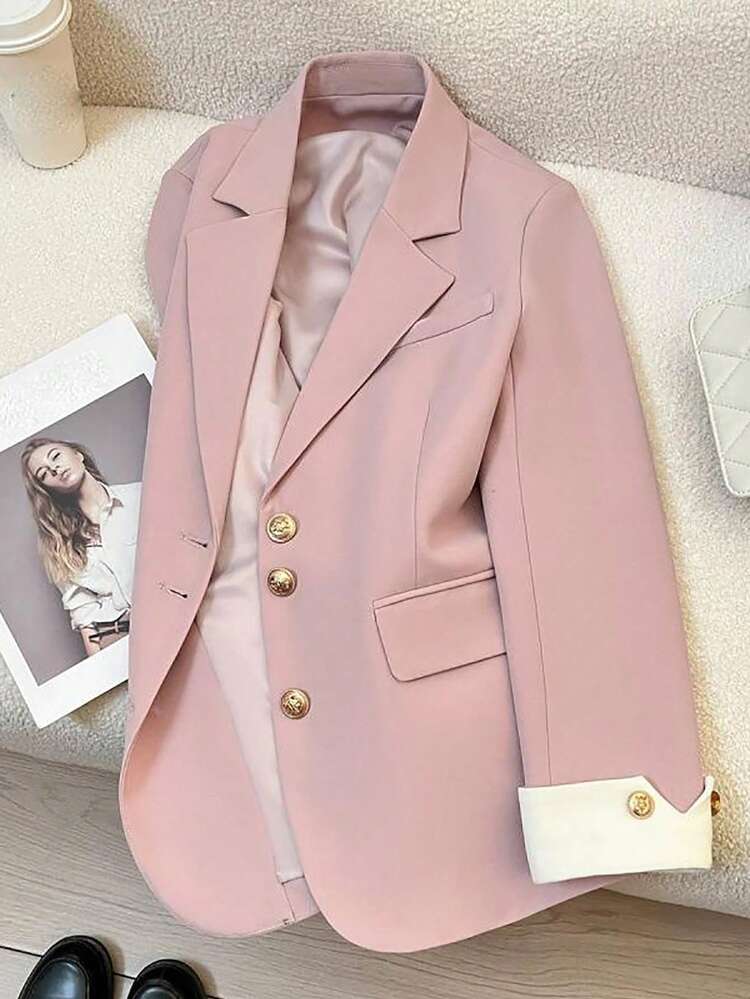 HOMEYEE Blazer vintage casual con cuello de solapa, manga larga, bloque de color, cierre con botones, adecuado para uso casual, de negocios, de oficina, todo el año, color rosa - Rosa - Añade 8