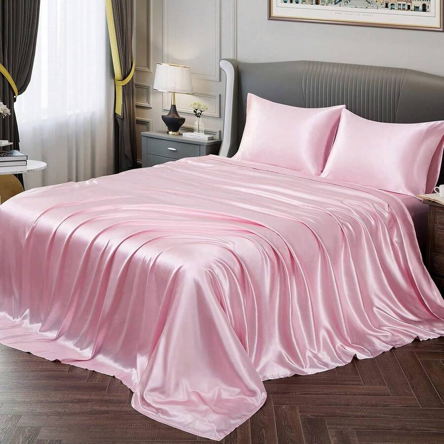 Silky Soft Pink Twin XL Satin Bed Sheets Set, 1 Deep Pocket Fitted Sheet + 1 Flat Sheet + 1 Pillowcase, In 2025 - 粉色 - 查看 1