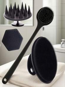 4 件套硅胶身体刷套装 - 1 个长柄背部刷、1 个短柄淋浴刷、1 个面部刷、1 个发刷、柔软身体去角质软毛浴刷、手持式身体/面部清洁和按摩 - 黑色 - 查看 6