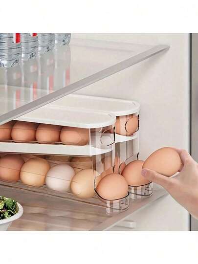 1pc Automatic Double-Layer Egg Holder - Capacity 12-14 Eggs, Hinged Sliding Design, Keeps Eggs Fresh, Non-Food Contact Plastic Material, Refrigerator & Kitchen Storage (The Image Is A Rendering, Slightly Different From The Actual Product. The Actual Product Is Less Transparent And Has More Vibrant Colors Than Shown In The Picture.)
