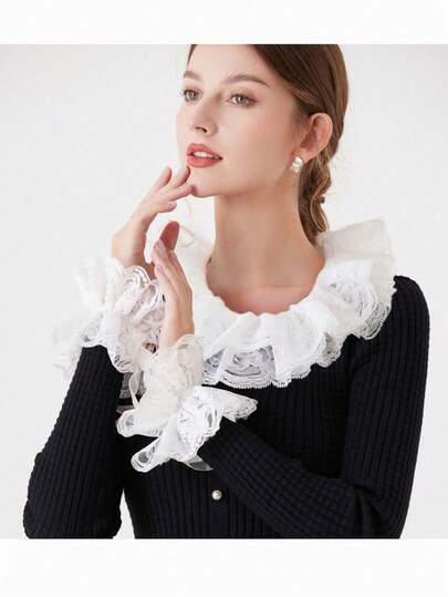 1pc Vintage Black & White Lace Collar, Victorian Medieval Theatrical Costume Accessory