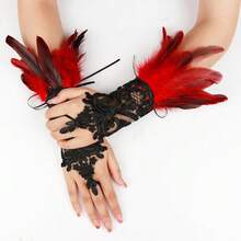 L'VOW 2Pcs Gothic Black Lace Feather Long Gloves For Women Halloween Witch Costume Swan Wristband Cuff{"Color_name":"A-Red"} - A-紅色 - 查看 10