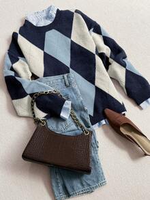 Autumn And Winter Fashionable, Comfortable, Warm, Diamond Pattern, Contrasting Colors, Round Neck, Long Sleeves, Loose Knit Sweater Pullover