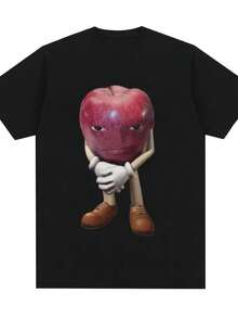 Kaos Katun Kualitas Tinggi Pria, T-Shirt Atasan Lengan Pendek Kasual Retro Apple Dengan Wajah Meme Uniseks - Black 5 - View 1