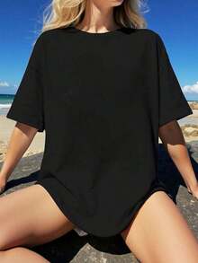 2026 Women's Quality Casual Cotton T-Shirt, Loose Fit Short Sleeve Crew Neck T-Shirt For Spring/Summer - Unisex, Loose Fit, Comfortable, Urban Vintage Style - Unisex Basic T-Shirt - 黑色 - 查看 4